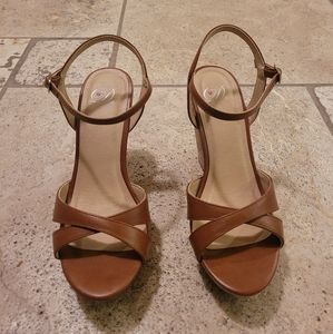 My Delicious Shoes Tan Cork Platform Wedge Sandals
